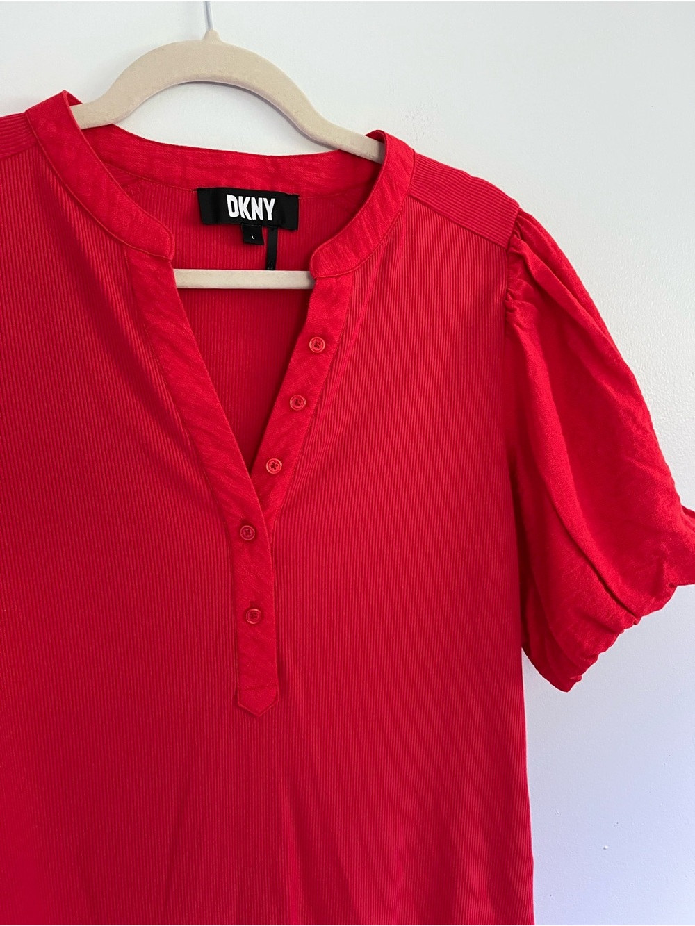 DKNY Red Mixed Media Puff-Sleeve Henley Top Romantic Casual Modern Tomato Girl L - Picture 2 of 6